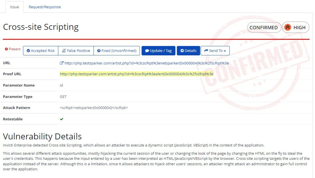 Invicti interface showing vulnerabilities in web applications