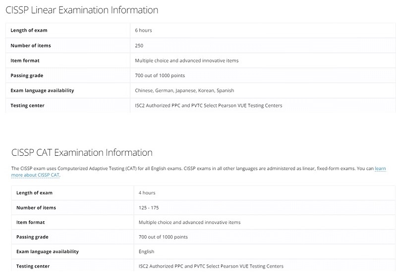 Two formats of the CISSP exam, CISSP Linear Examination and CISSP CAT Examination